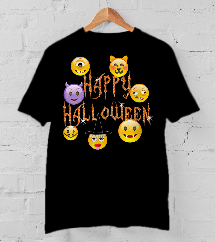 Happy Halloween Emoji Faces Devil Cat Vampire Witch Pumpkin Monster Cyclops T-Shirt