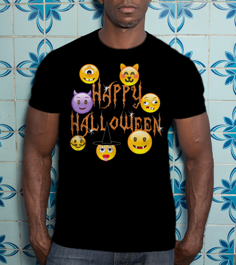 Happy Halloween Emoji Faces Devil Cat Vampire Witch Pumpkin Monster Cyclops T-Shirt