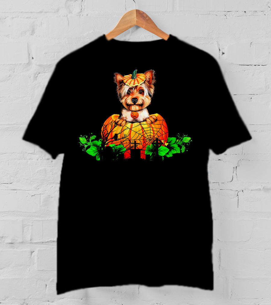 Yorkie Puppy With Pumpkin And Green Leaves Halloween T-Shirt