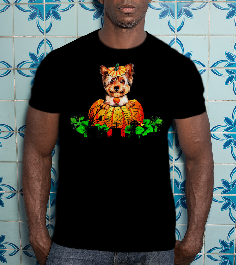 Yorkie Puppy With Pumpkin And Green Leaves Halloween T-Shirt