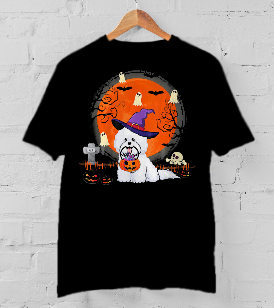 Bichon Frise Dog Witch Halloween Ghosts Jack-o'-Lantern T-Shirt
