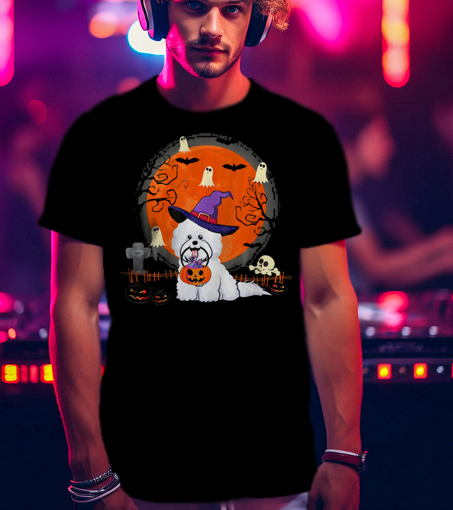 Bichon Frise Dog Witch Halloween Ghosts Jack-o'-Lantern T-Shirt