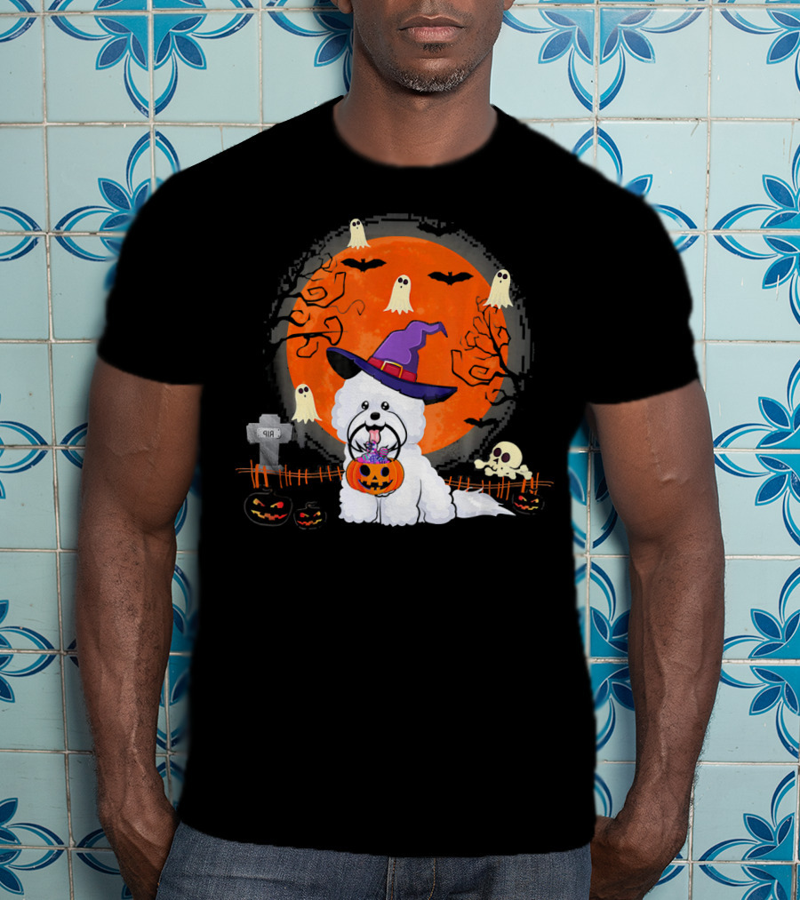 Bichon Frise Dog Witch Halloween Ghosts Jack-o'-Lantern T-Shirt