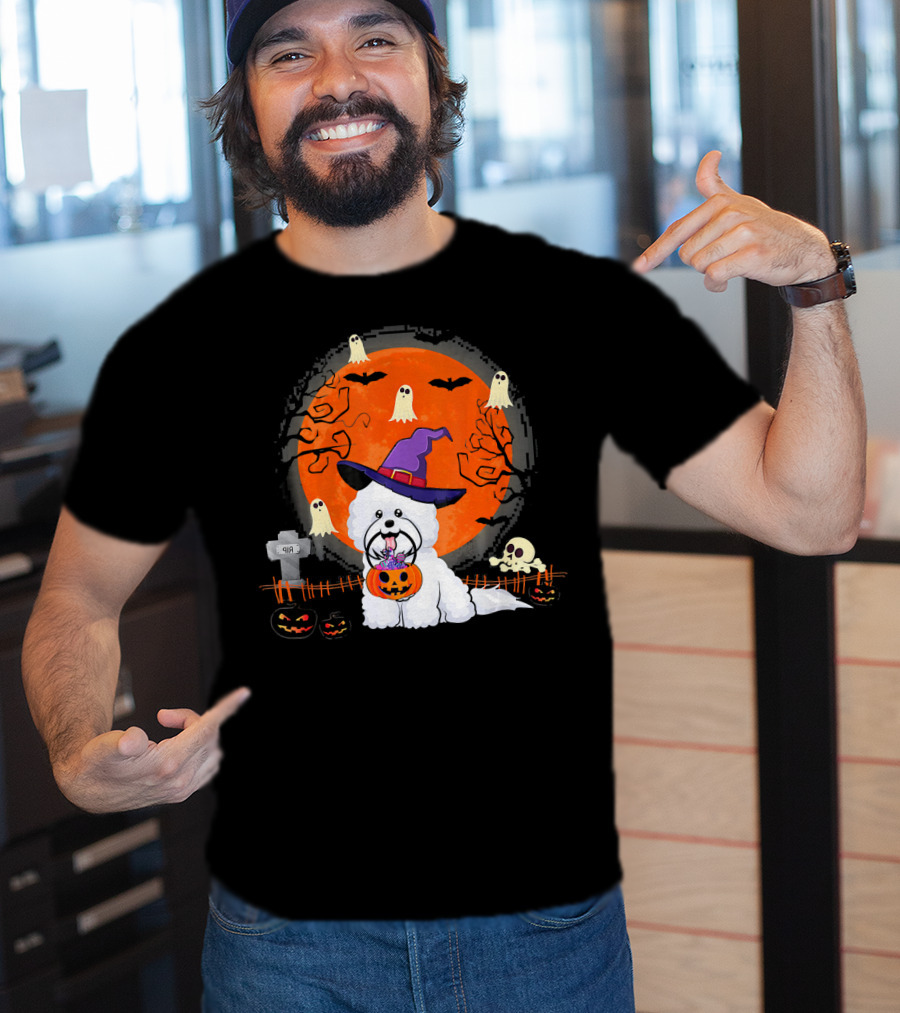 Bichon Frise Dog Witch Halloween Ghosts Jack-o'-Lantern T-Shirt