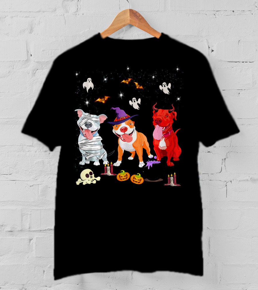 Three Pitbulls Halloween Ghosts Bats Pumpkins Candles Skulls Stars T-Shirt