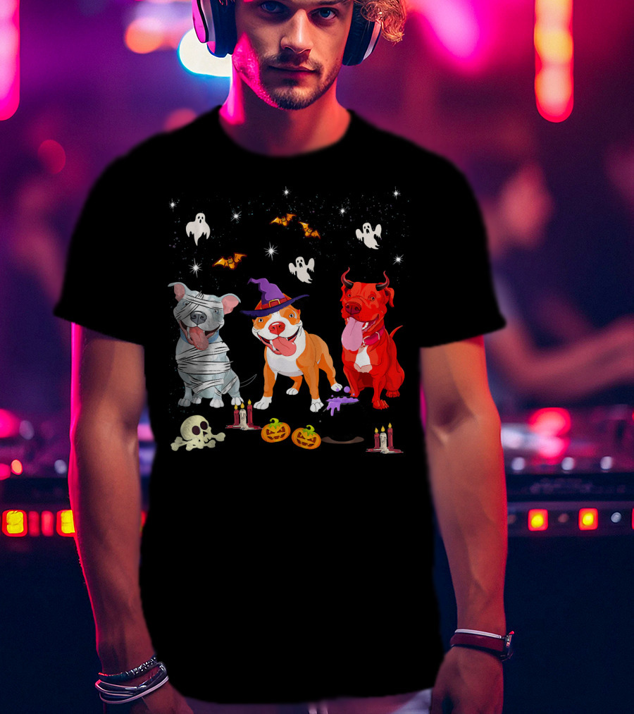 Three Pitbulls Halloween Ghosts Bats Pumpkins Candles Skulls Stars T-Shirt