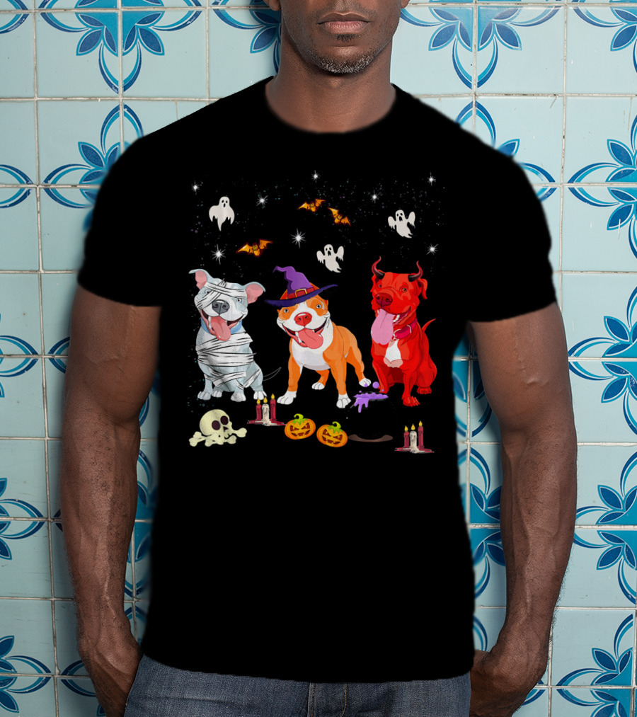 Three Pitbulls Halloween Ghosts Bats Pumpkins Candles Skulls Stars T-Shirt