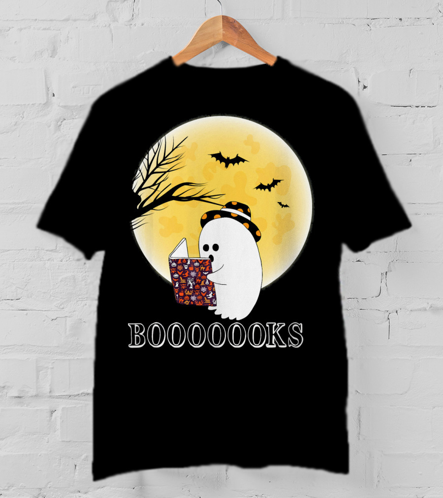 Booooooks Boo Ghost Reading Under The Full Moon Halloween T-Shirt