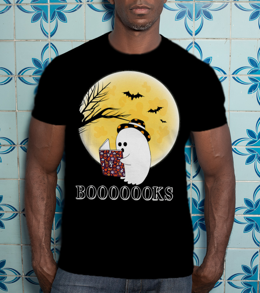 Booooooks Boo Ghost Reading Under The Full Moon Halloween T-Shirt