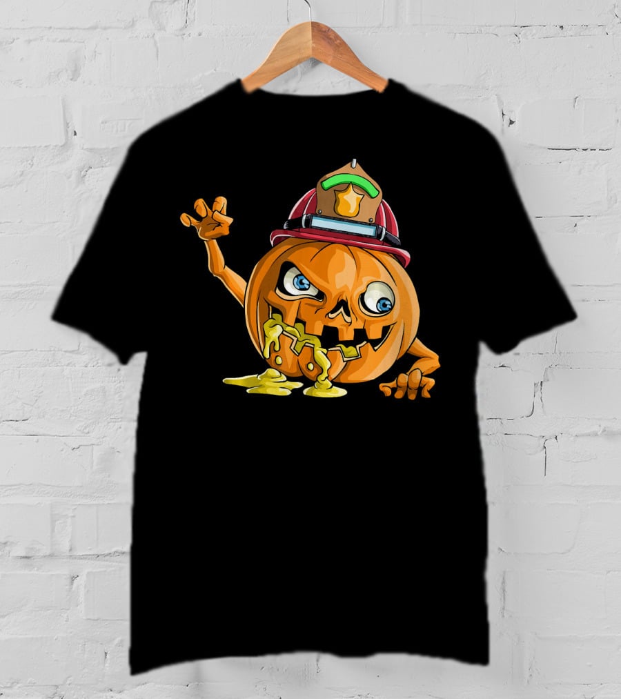 Zombie Pumpkin Firefighter Halloween Jack-O'-Lantern With Fireman's Helmet T-Shirt