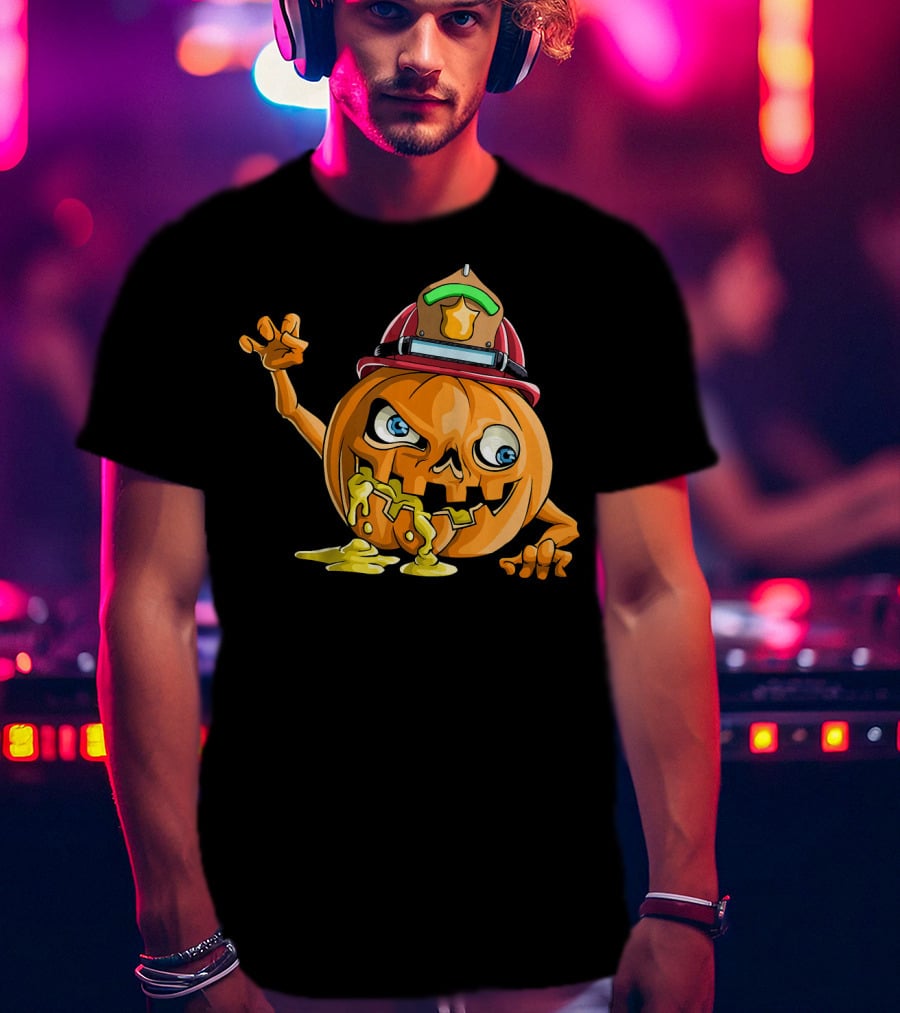 Zombie Pumpkin Firefighter Halloween Jack-O'-Lantern With Fireman's Helmet T-Shirt