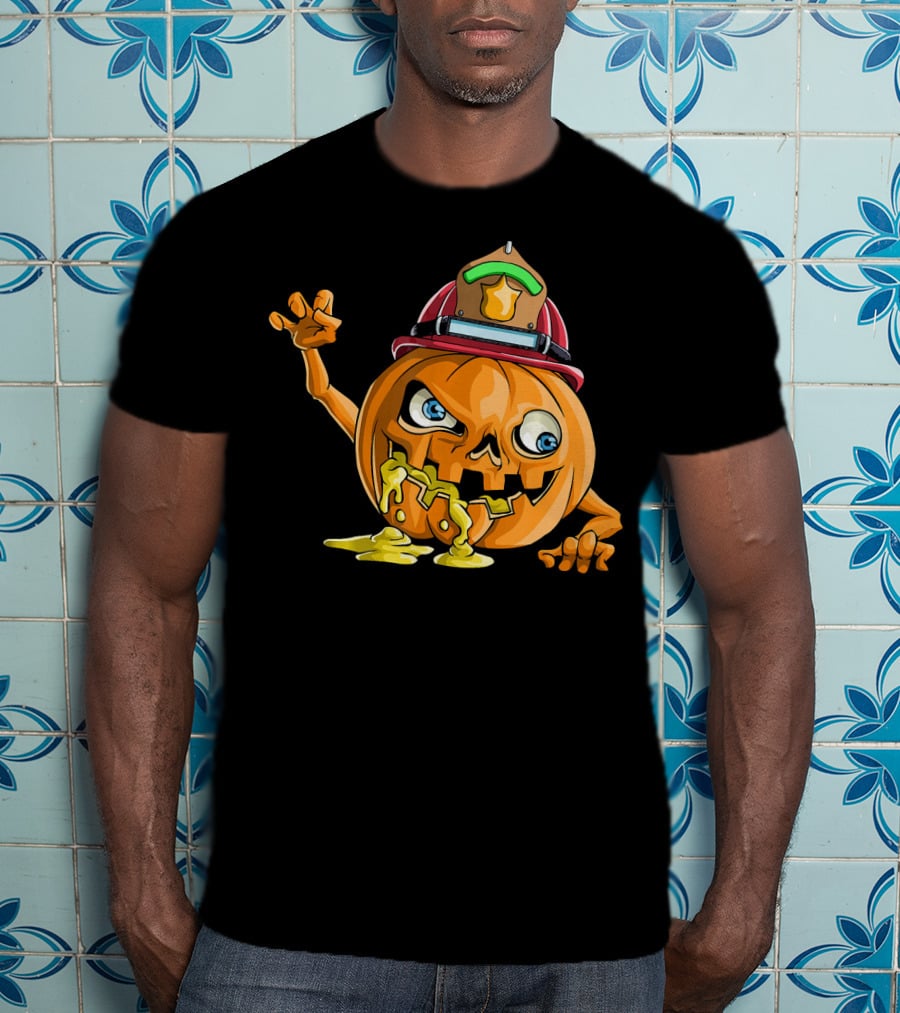 Zombie Pumpkin Firefighter Halloween Jack-O'-Lantern With Fireman's Helmet T-Shirt