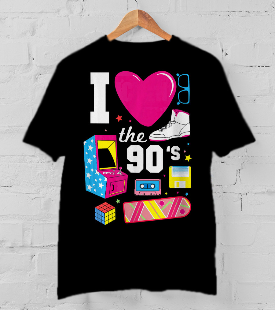 I Love The 90s Retro Arcade Cassette Sneaker Skateboard Rubik's Cube Floppy Disk T-Shirt
