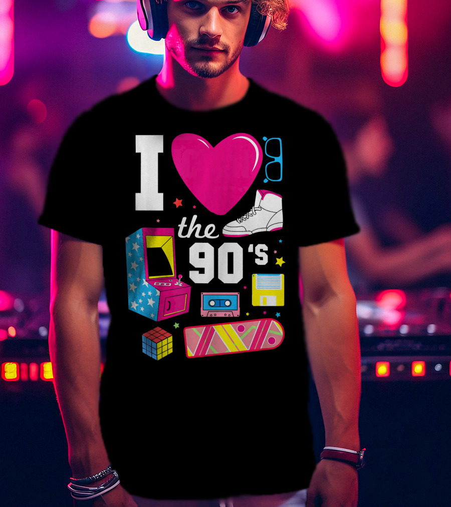 I Love The 90s Retro Arcade Cassette Sneaker Skateboard Rubik's Cube Floppy Disk T-Shirt