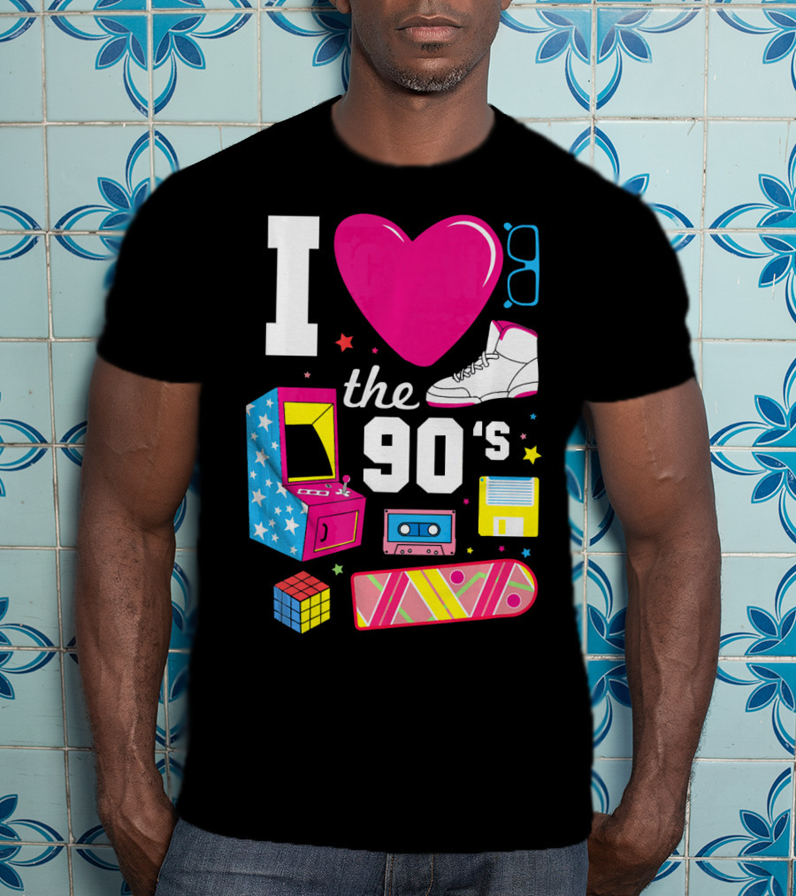 I Love The 90s Retro Arcade Cassette Sneaker Skateboard Rubik's Cube Floppy Disk T-Shirt