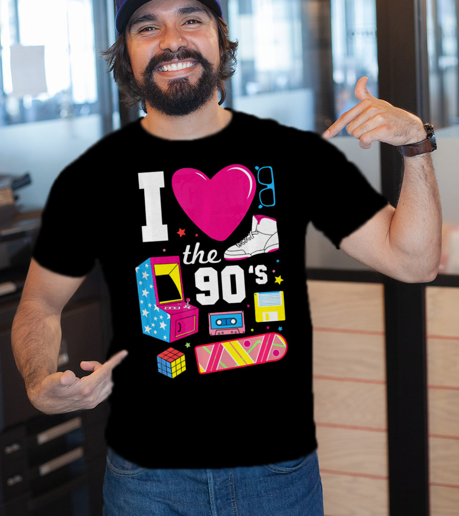 I Love The 90s Retro Arcade Cassette Sneaker Skateboard Rubik's Cube Floppy Disk T-Shirt