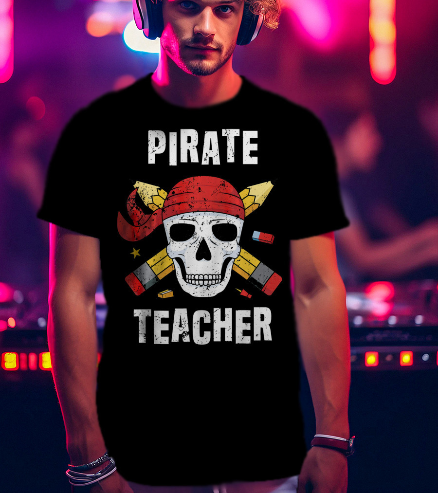 Pirate Teacher Skull With Pencils And Bandana T-Shirt