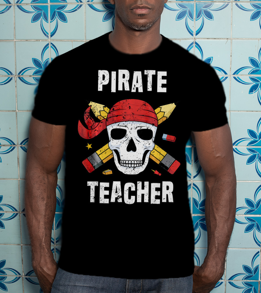 Pirate Teacher Skull With Pencils And Bandana T-Shirt