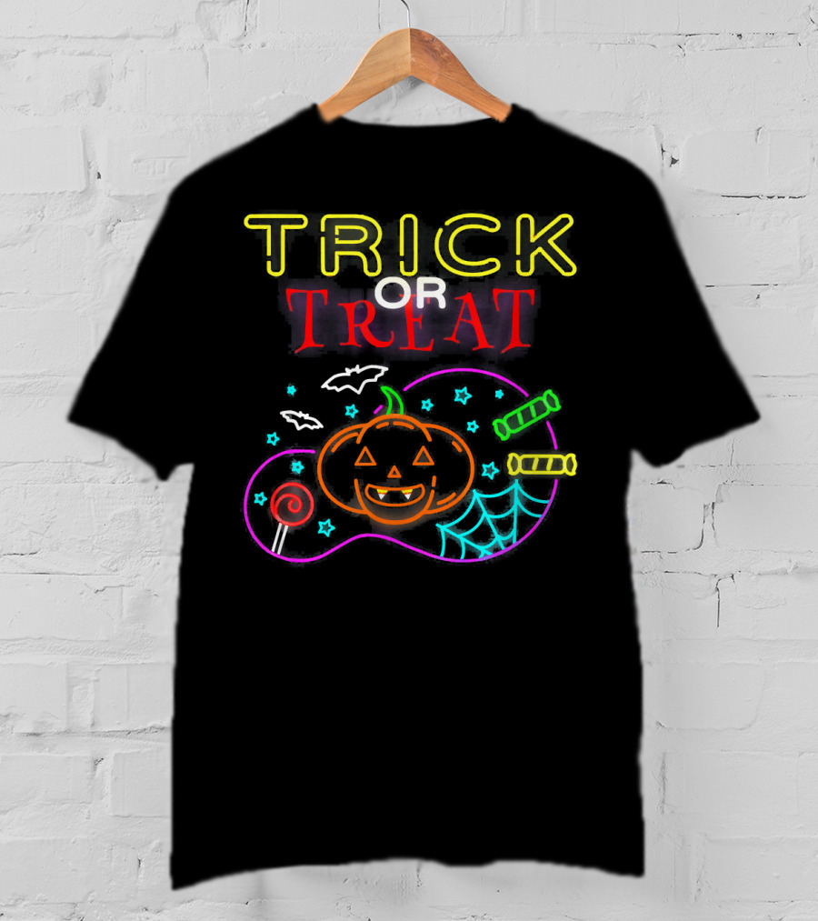 TRICK OR TREAT Scary Halloween Pumpkin Candy Bats Web Neon T-Shirt