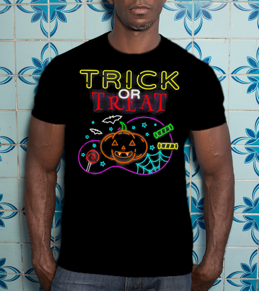 TRICK OR TREAT Scary Halloween Pumpkin Candy Bats Web Neon T-Shirt