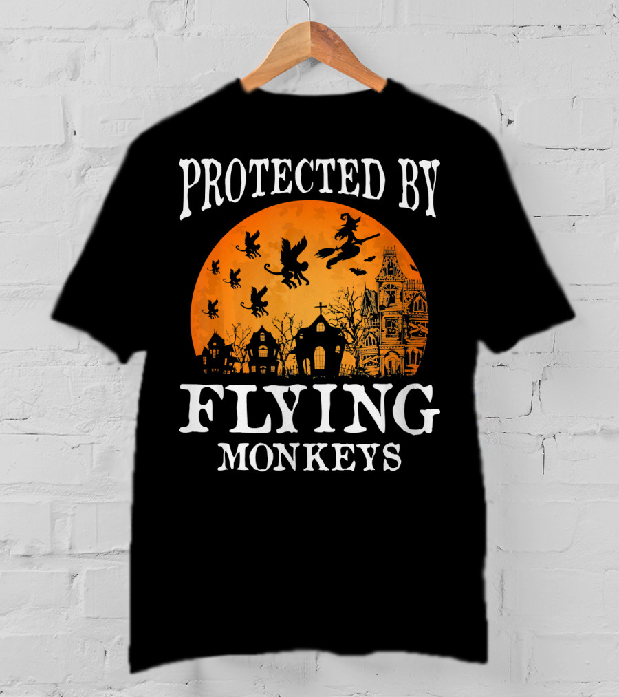 Protected By Flying Monkeys Halloween Witch Silhouette Orange Moon Mansion Scene T-Shirt
