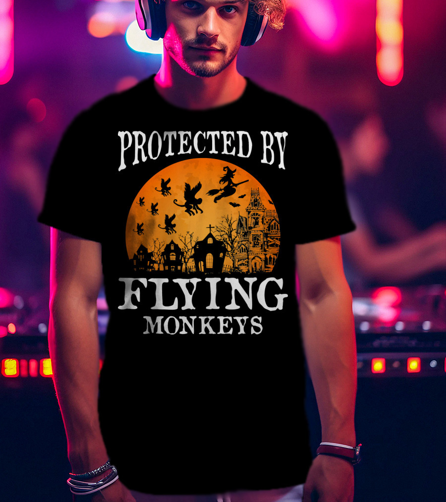 Protected By Flying Monkeys Halloween Witch Silhouette Orange Moon Mansion Scene T-Shirt