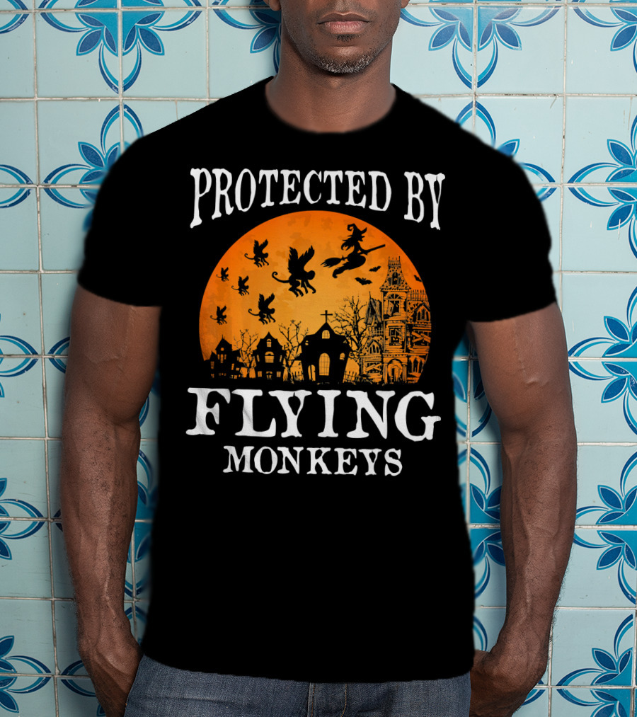 Protected By Flying Monkeys Halloween Witch Silhouette Orange Moon Mansion Scene T-Shirt