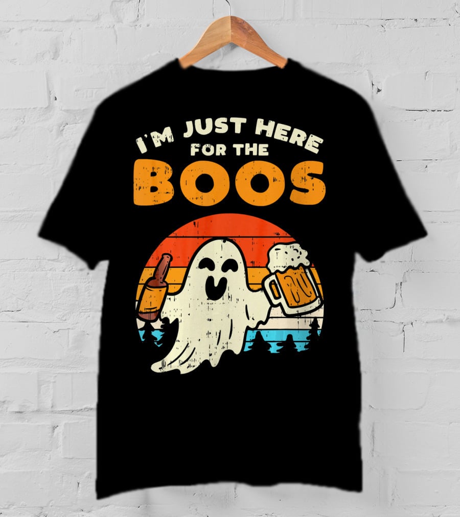 I'm Just Here For The Boos Retro Ghost With Drink And Bee T-Shirt