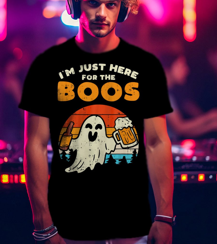 I'm Just Here For The Boos Retro Ghost With Drink And Bee T-Shirt