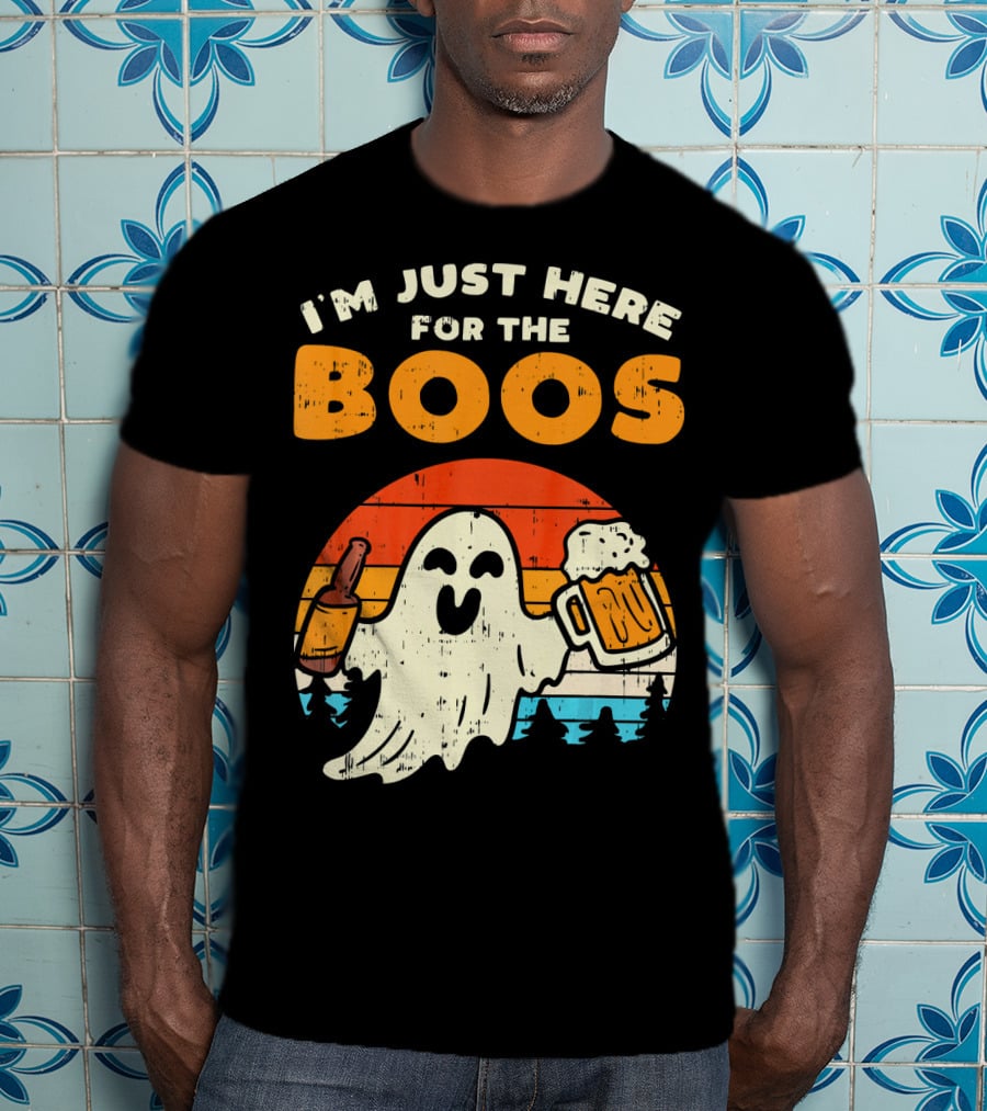 I'm Just Here For The Boos Retro Ghost With Drink And Bee T-Shirt