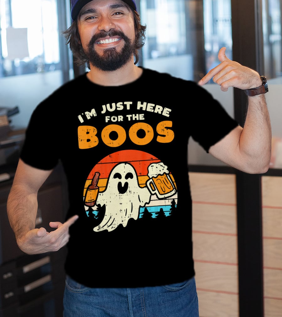 I'm Just Here For The Boos Retro Ghost With Drink And Bee T-Shirt