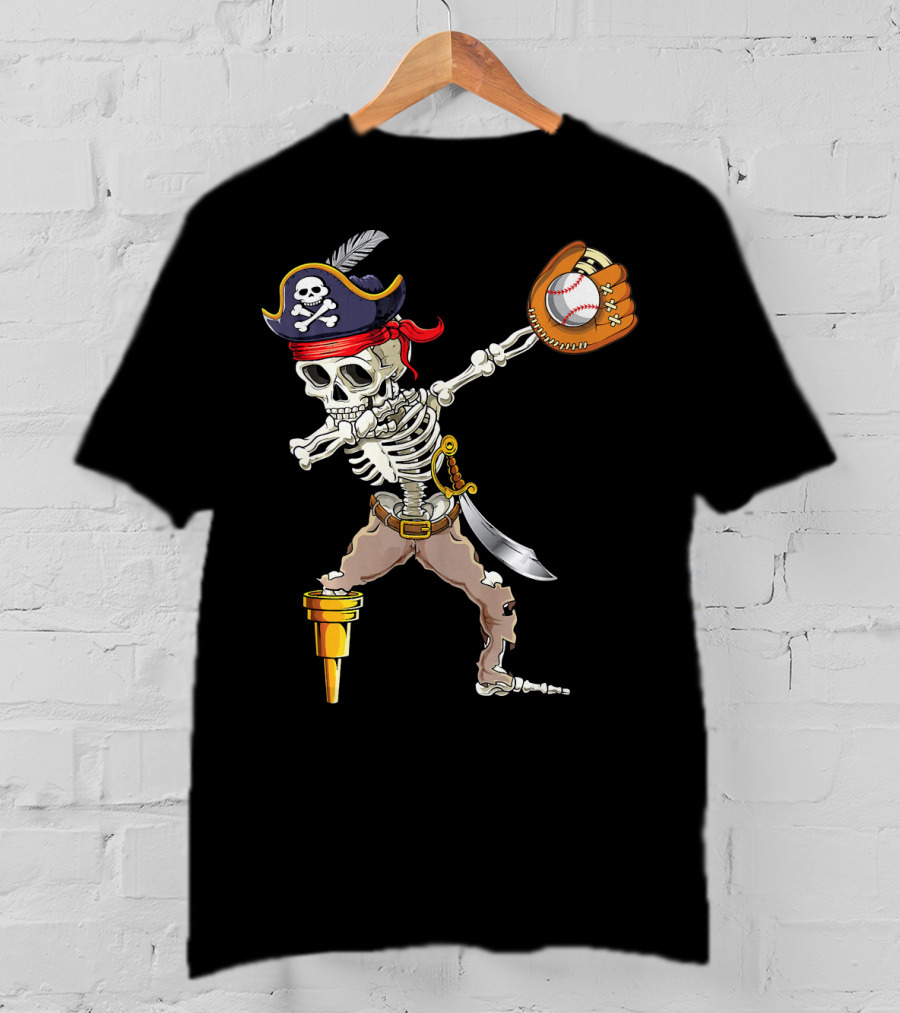 Pirate Skeleton Dabbing With Baseball Glove And Ball T-Shirt