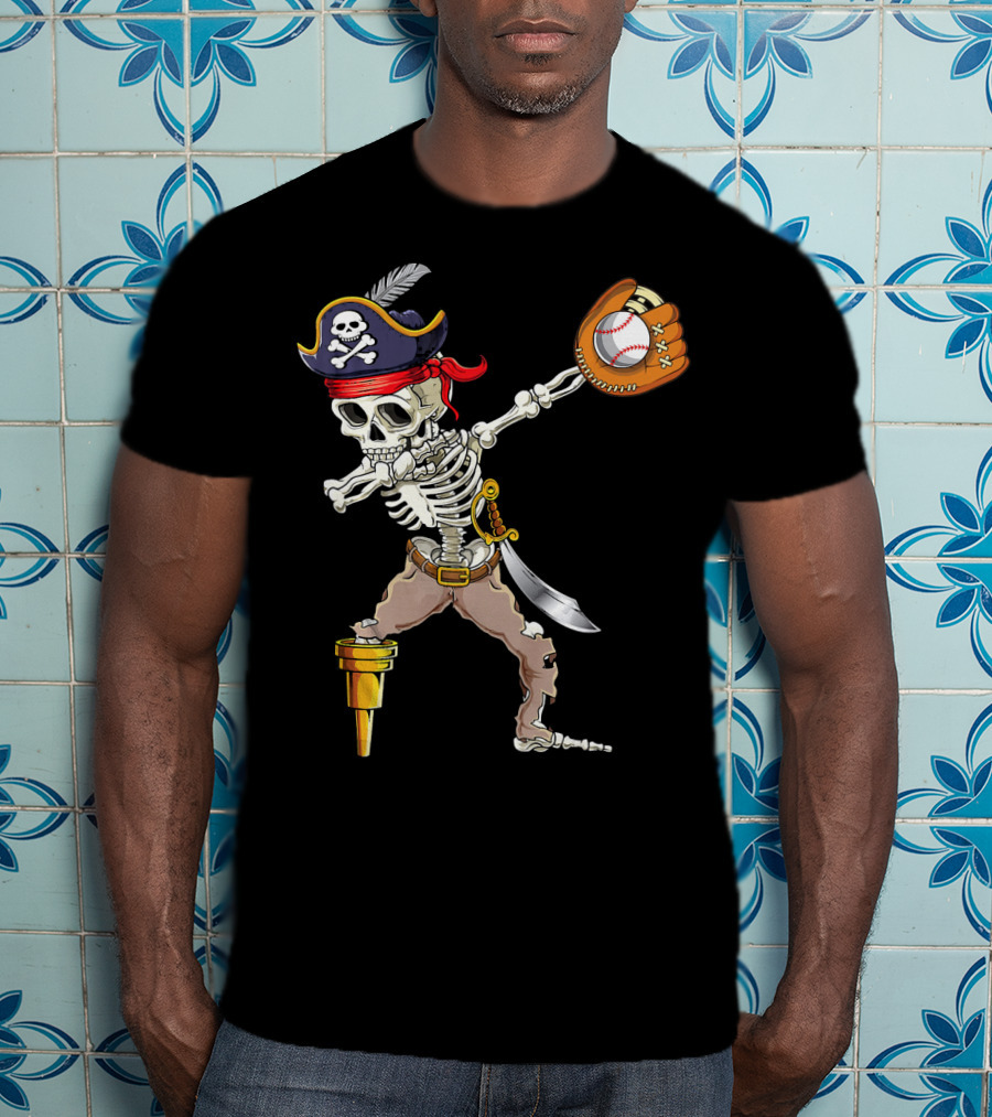 Pirate Skeleton Dabbing With Baseball Glove And Ball T-Shirt