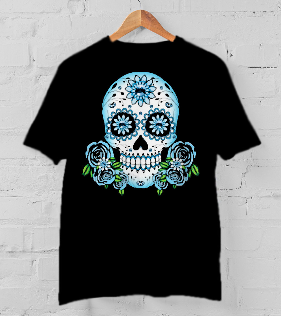 Blue Flowers Sugar Skull Día De Los Muertos Roses T-Shirt