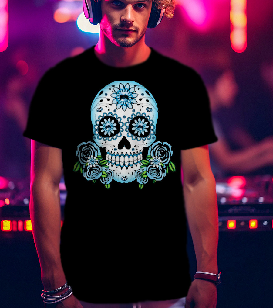 Blue Flowers Sugar Skull Día De Los Muertos Roses T-Shirt