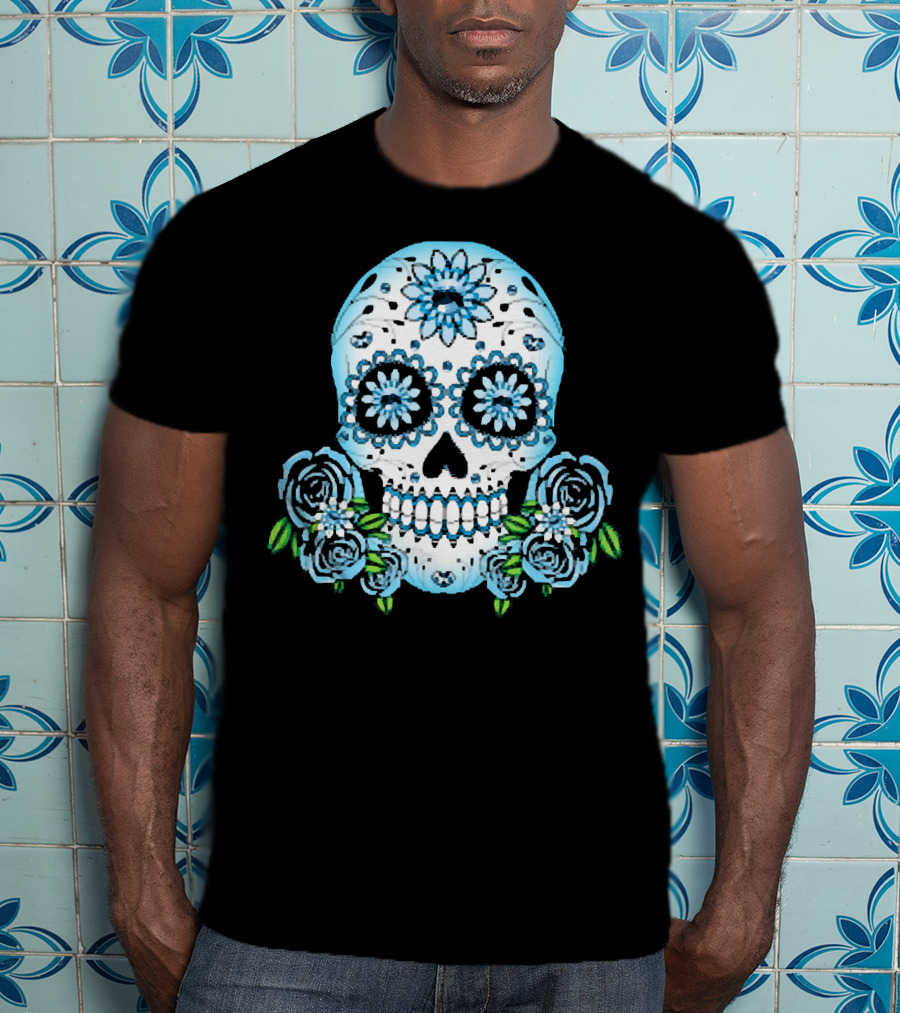 Blue Flowers Sugar Skull Día De Los Muertos Roses T-Shirt