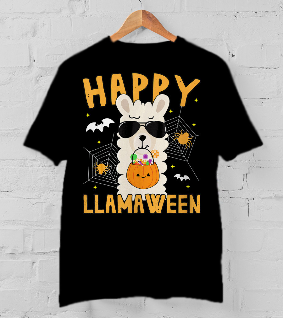 Happy Llamaween Halloween Llama With Sunglasses And Candy Basket T-Shirt