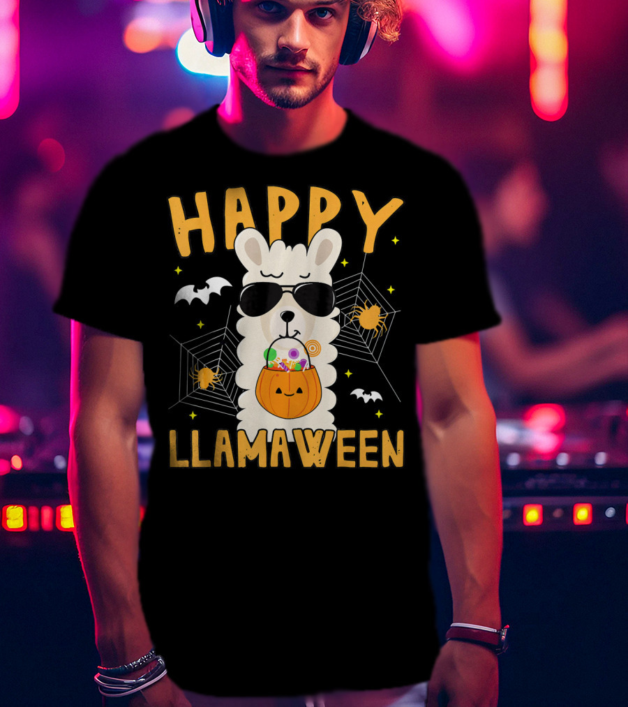 Happy Llamaween Halloween Llama With Sunglasses And Candy Basket T-Shirt