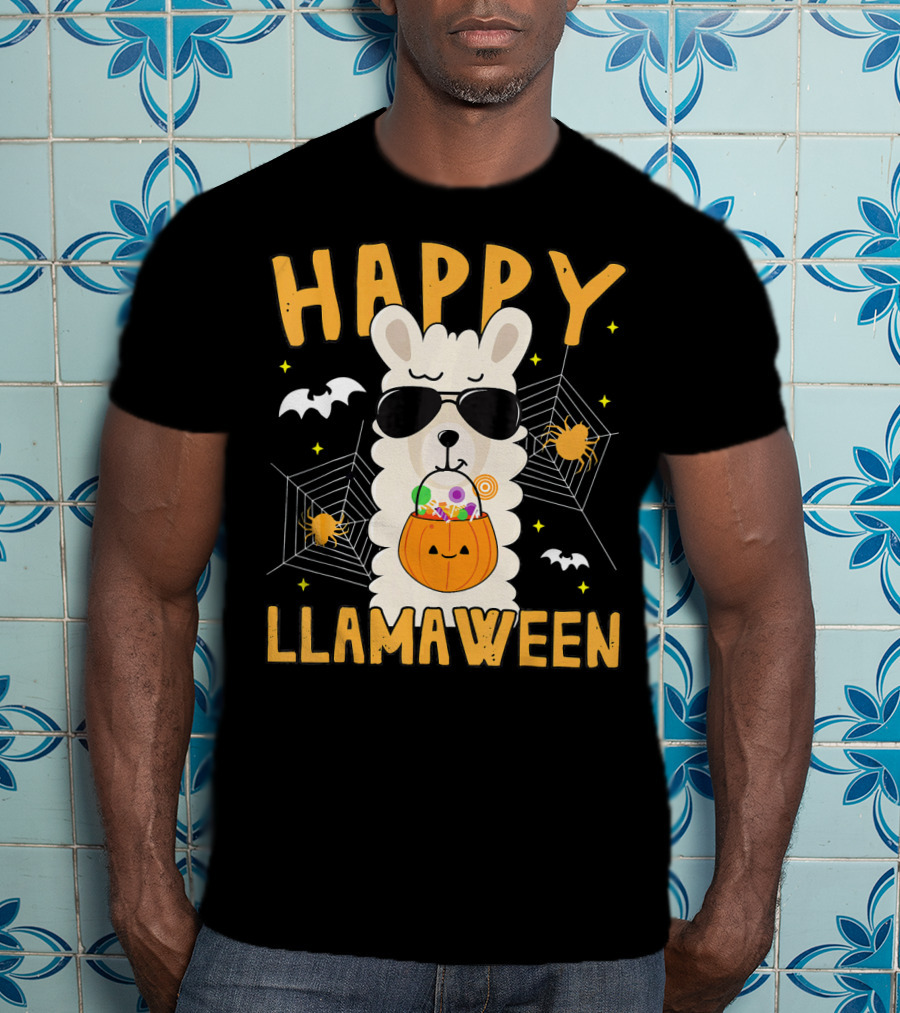 Happy Llamaween Halloween Llama With Sunglasses And Candy Basket T-Shirt