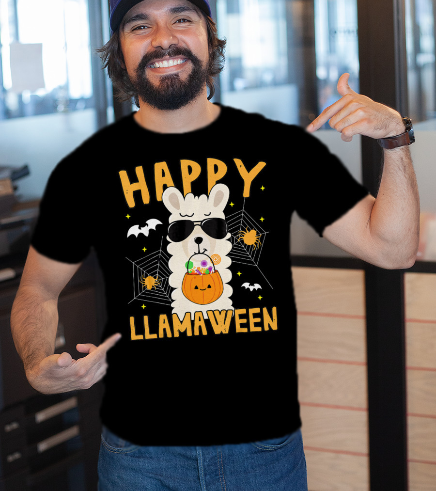 Happy Llamaween Halloween Llama With Sunglasses And Candy Basket T-Shirt