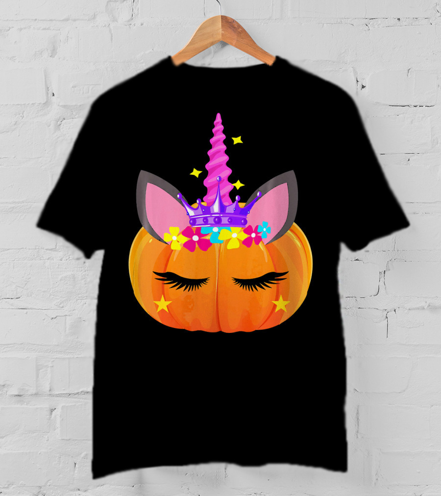 Halloween Pumpkin Unicorn With Floral Crown And Stars T-Shirt