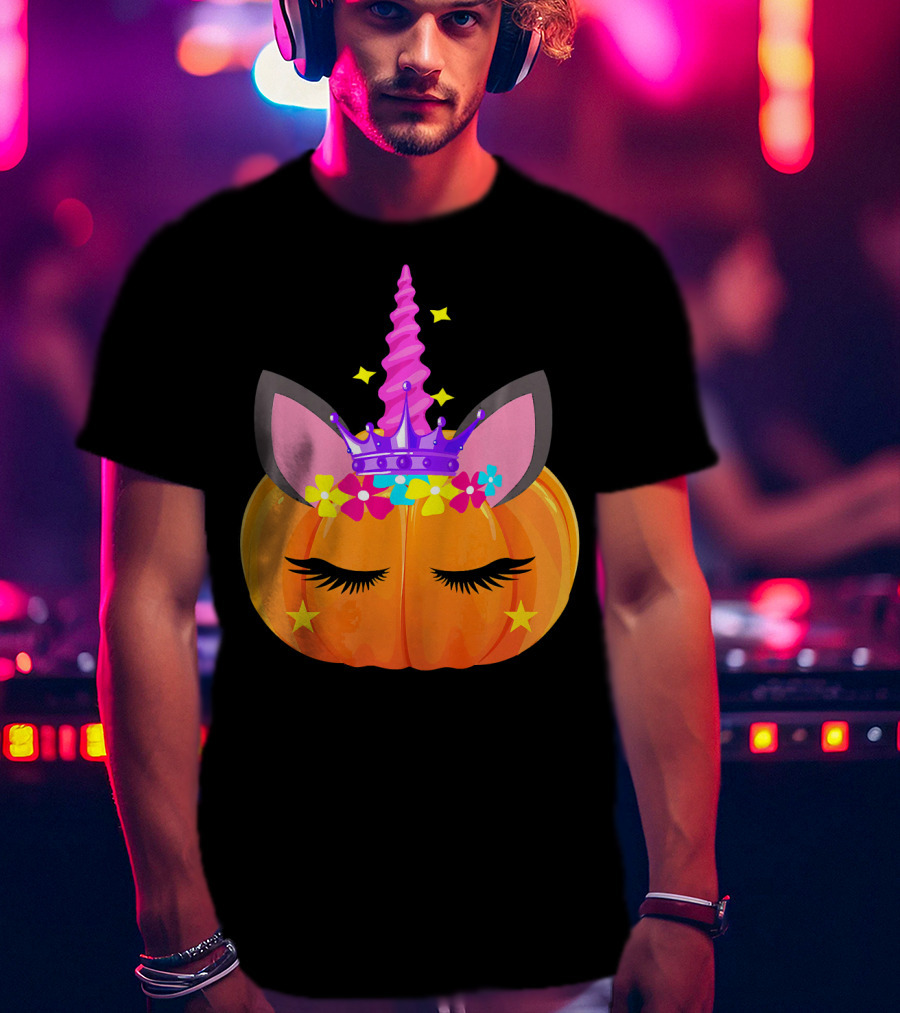 Halloween Pumpkin Unicorn With Floral Crown And Stars T-Shirt