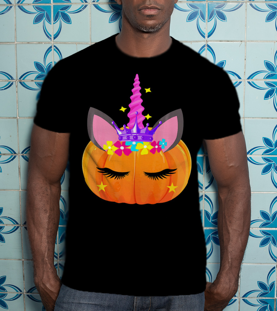 Halloween Pumpkin Unicorn With Floral Crown And Stars T-Shirt