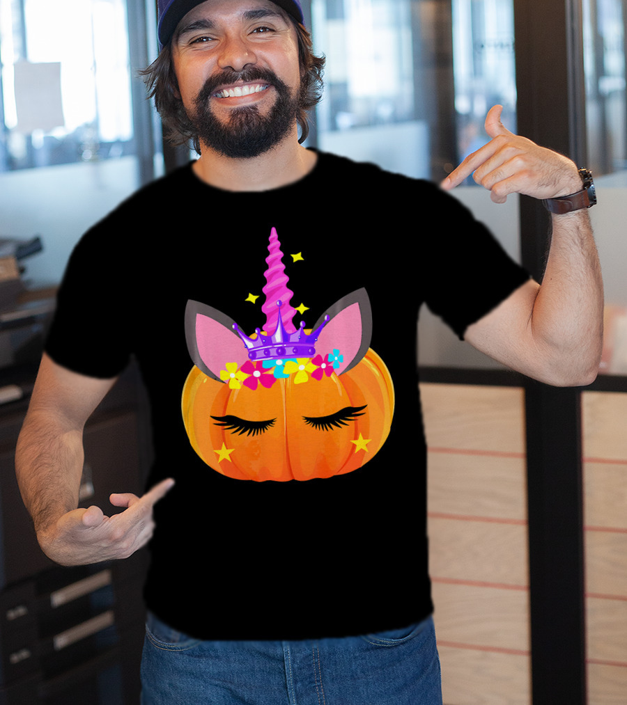 Halloween Pumpkin Unicorn With Floral Crown And Stars T-Shirt