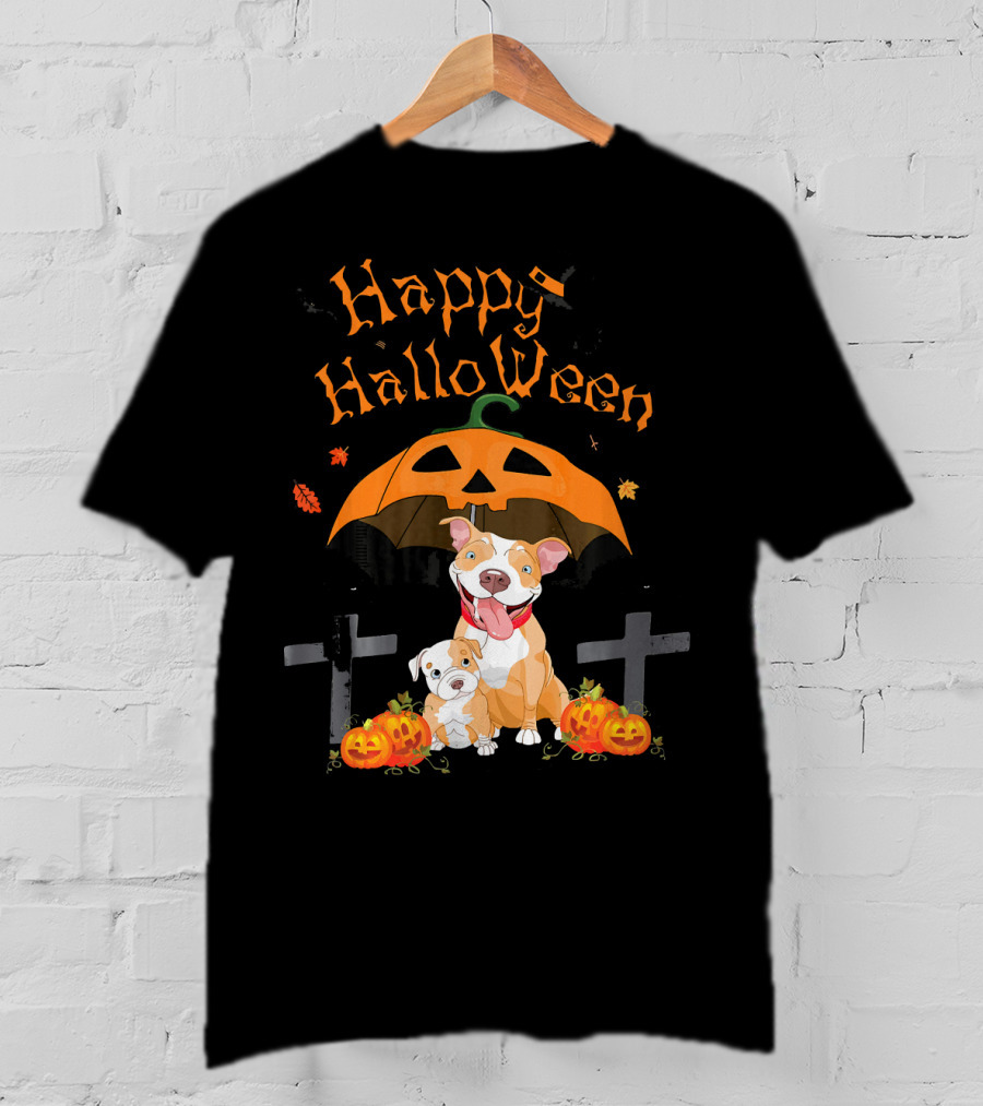 Happy Halloween Pumpkin Pitbulls With Jack O'Lantern And Crosses T-Shirt
