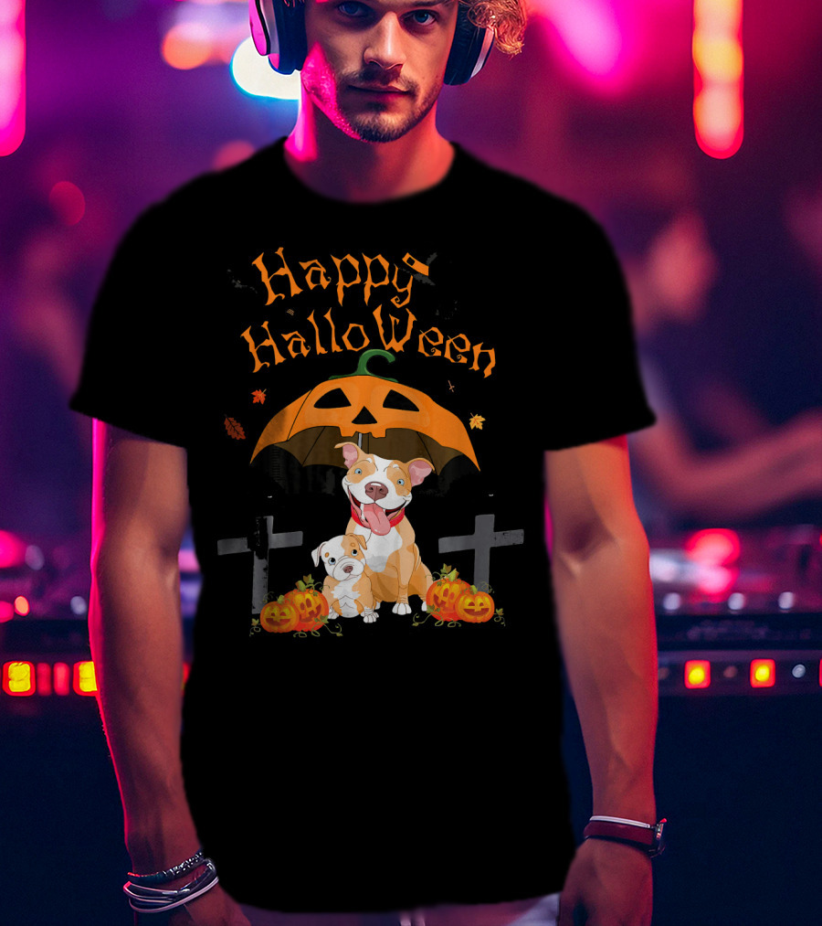 Happy Halloween Pumpkin Pitbulls With Jack O'Lantern And Crosses T-Shirt