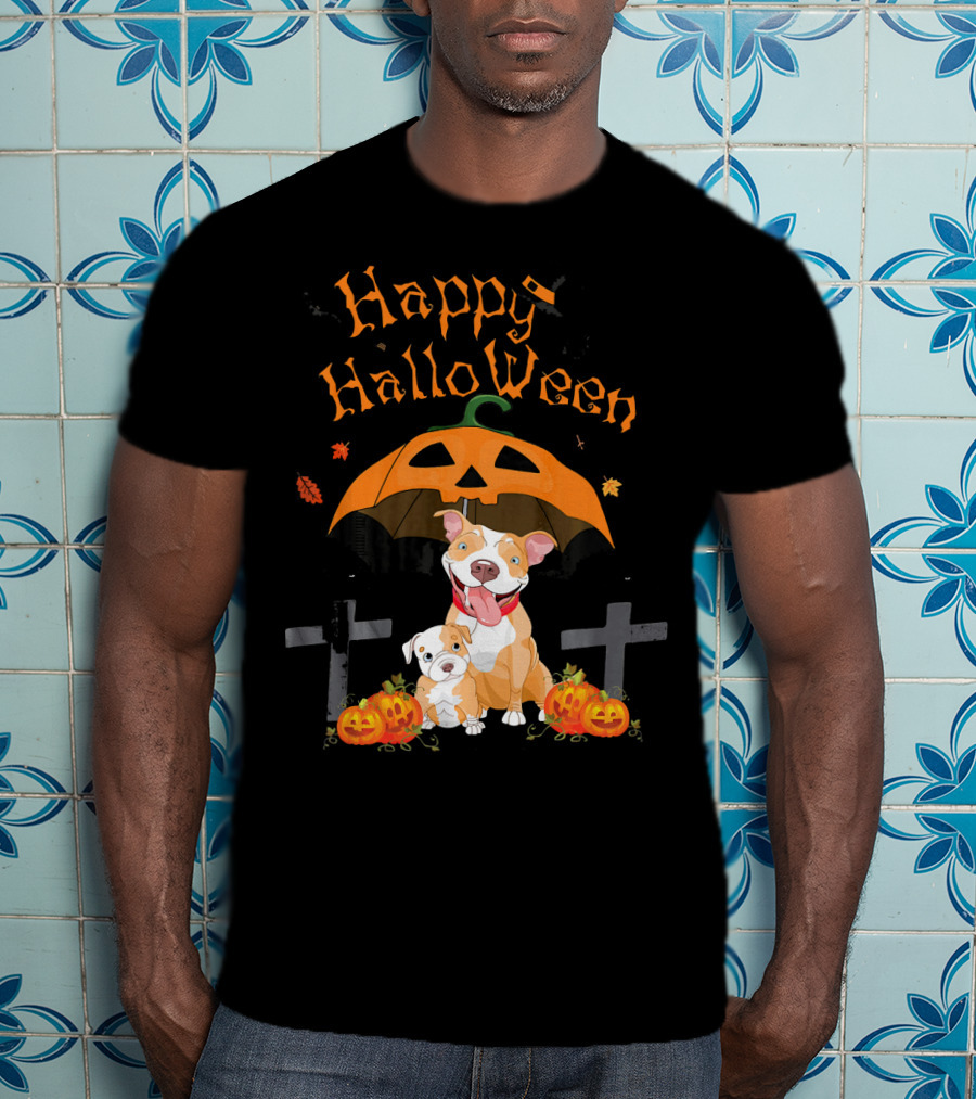 Happy Halloween Pumpkin Pitbulls With Jack O'Lantern And Crosses T-Shirt