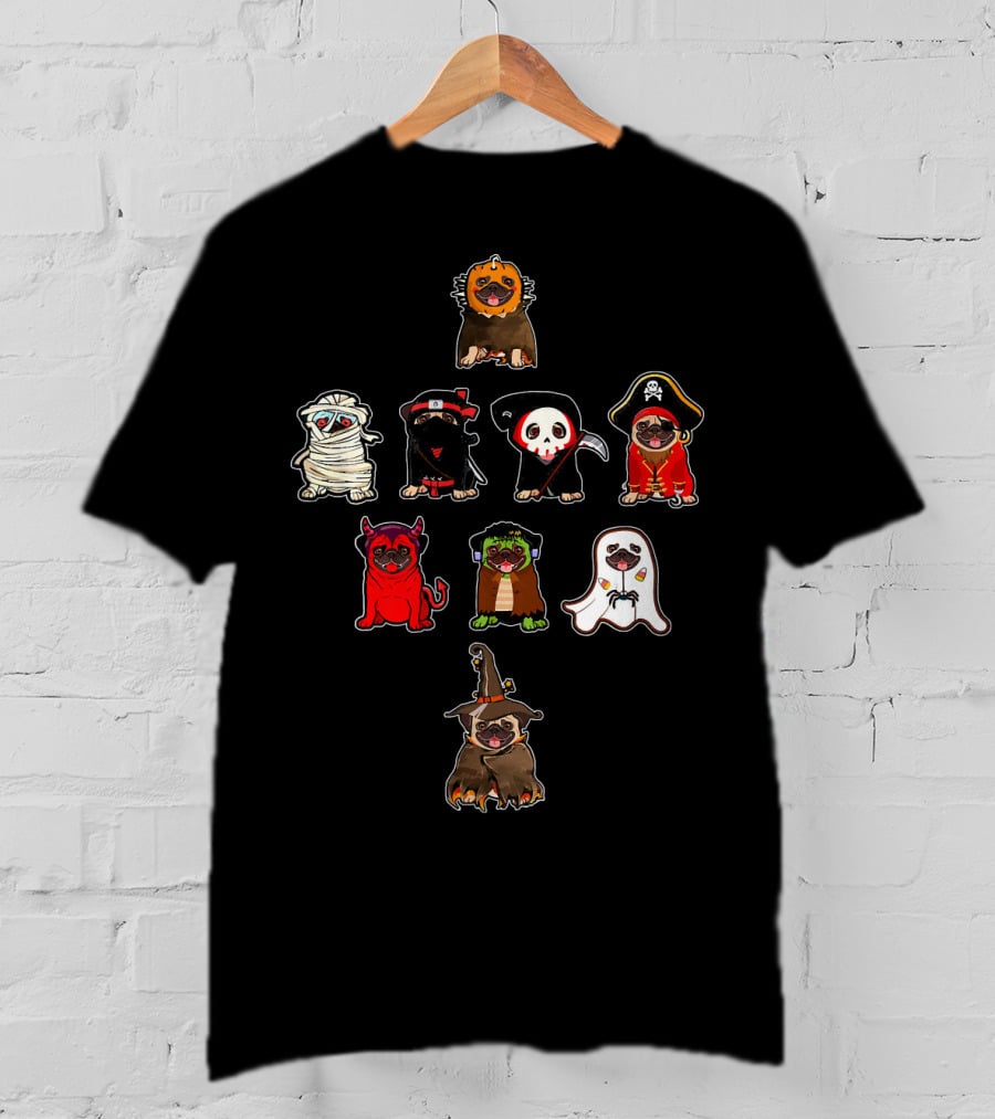 Pug Halloween Costume Lion Mummy Ninja Grim Reaper Pirate Devil Frankenstein Ghost Witch T-Shirt