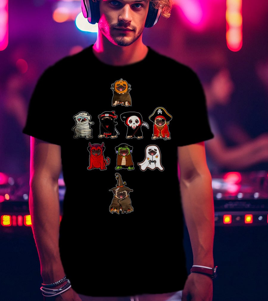 Pug Halloween Costume Lion Mummy Ninja Grim Reaper Pirate Devil Frankenstein Ghost Witch T-Shirt