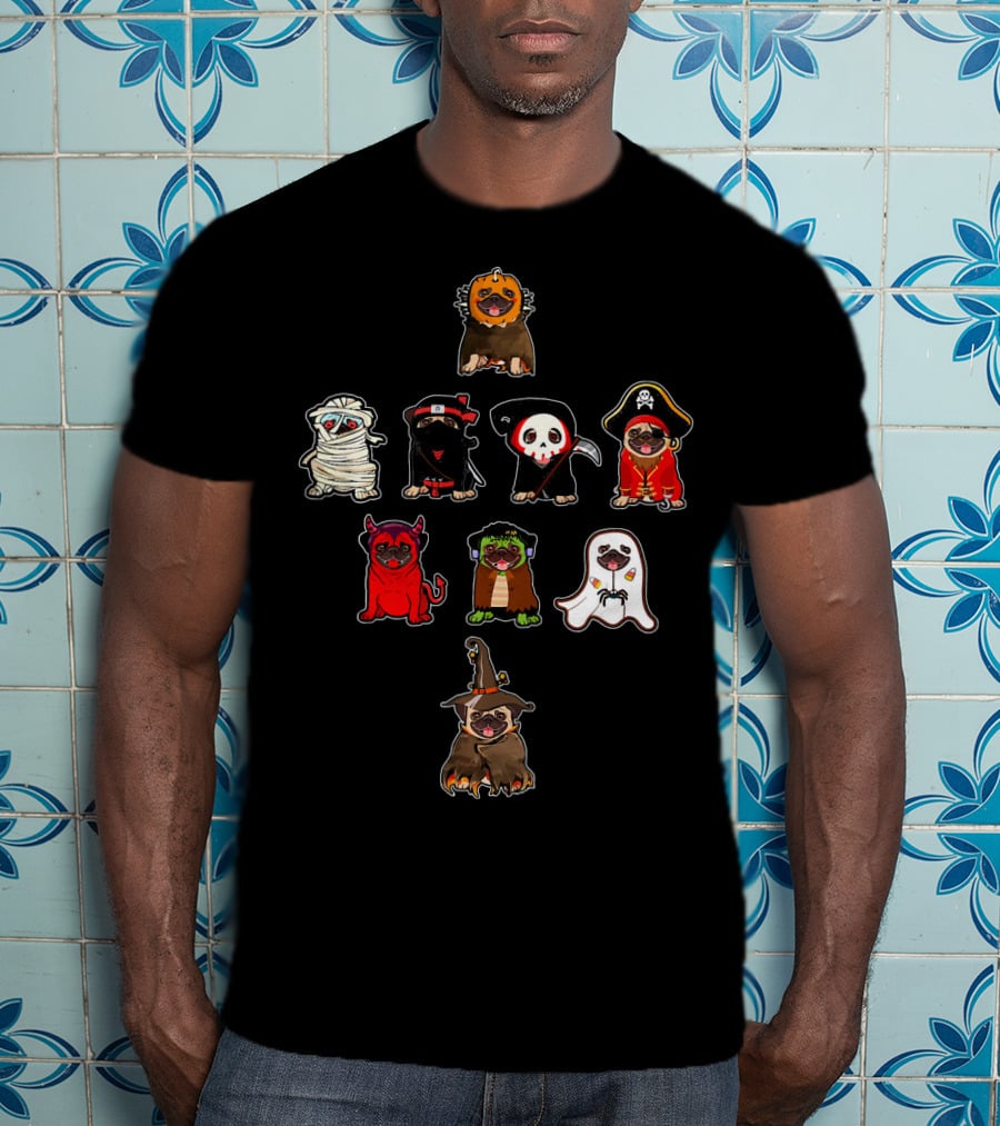 Pug Halloween Costume Lion Mummy Ninja Grim Reaper Pirate Devil Frankenstein Ghost Witch T-Shirt